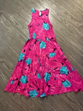 Vintage 90s All That Jazz Pink Tropical Floral Dress Sleeveless Fit & Flare